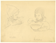 39700 Afbeelding van een meisje en een jongen, genaamd Paul Berkhout, etend in de uitdeelpost Paulushuis te Utrecht.